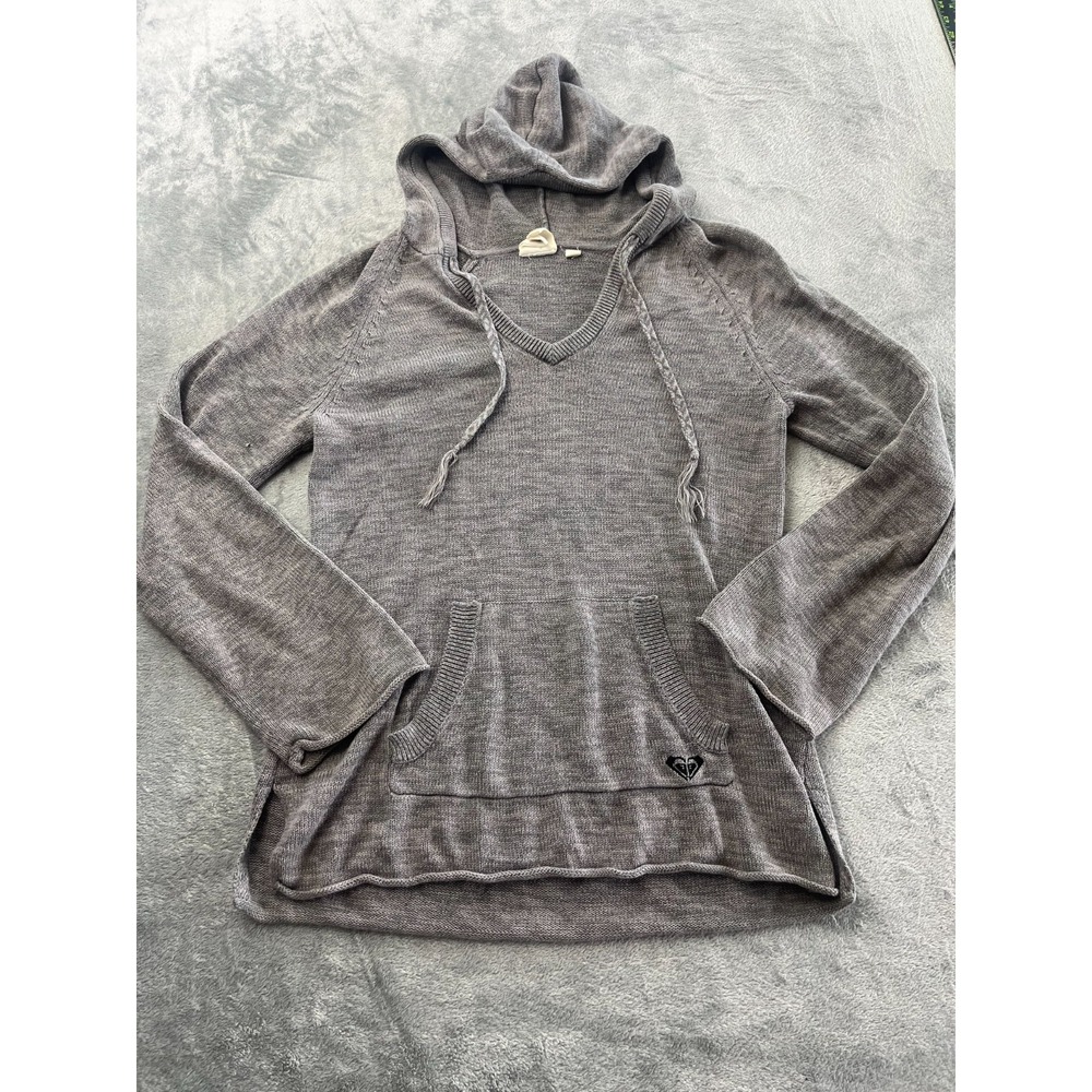 ROXY Women's Knit Pullover Hoodie Sweater L Gray Hooded Pockets